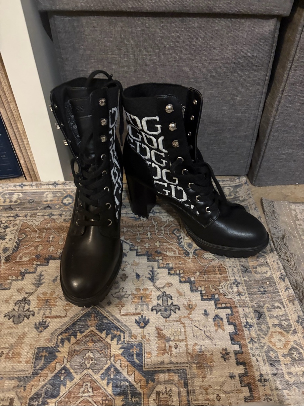 Guess Black Lace-Up Heeled Ankle Boots with Logo Knit Panel